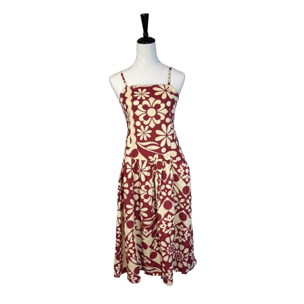 Girl Soul 100% Cotton Red-Tan Medi Dress Women's Sz M Boho Spring Summer Floral